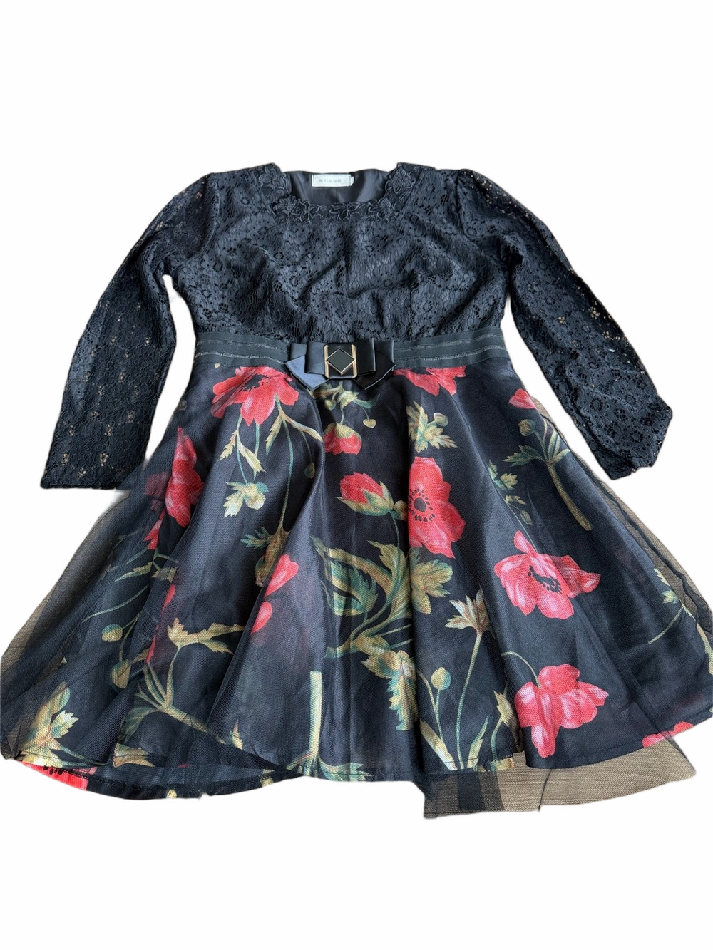 Agree Daughter Girl's Black Lace & Floral Belted Party Dress